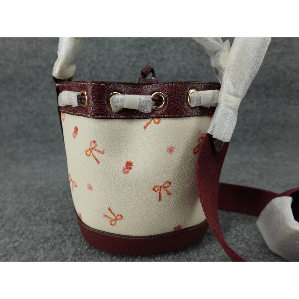 Coach Dempsey Drawstring Bucket Bag 15 Bow Print Chalk Wine CN707 Mini Crossbody